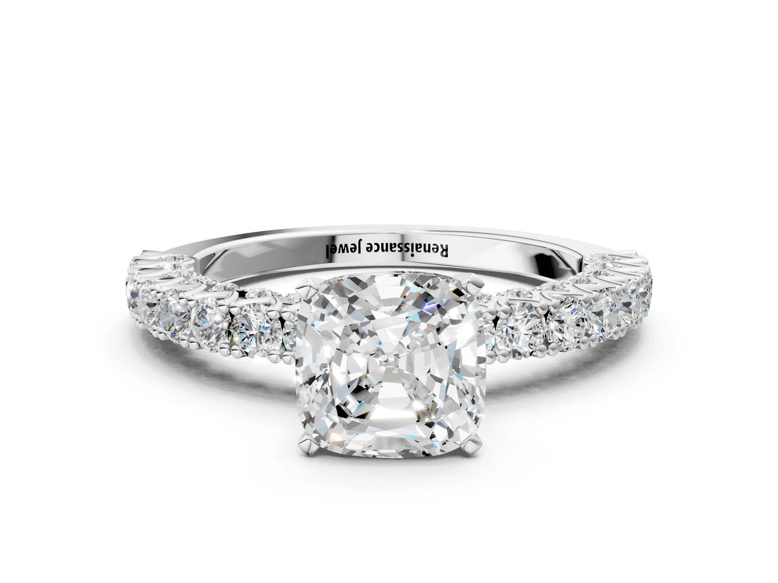 White gold Cushion Cut Diamond Pavé Band Solitaire Ring with Prong Setting_83