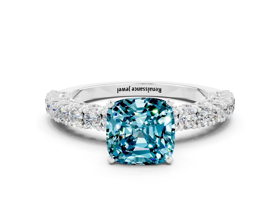 White gold Cushion Cut Diamond Pavé Band Solitaire Ring with Prong Setting