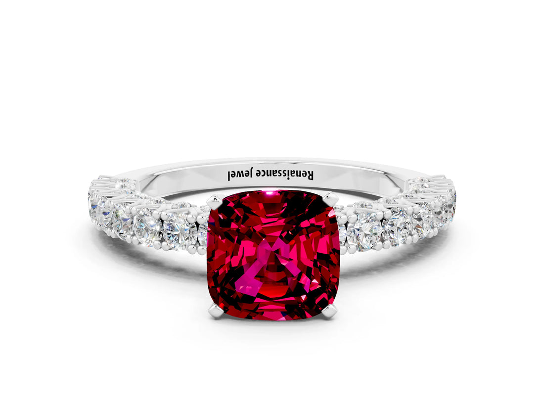 White gold Cushion Cut Diamond Pavé Band Solitaire Ring with Prong Setting