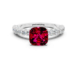 White gold Cushion Cut Diamond Pavé Band Solitaire Ring with Prong Setting