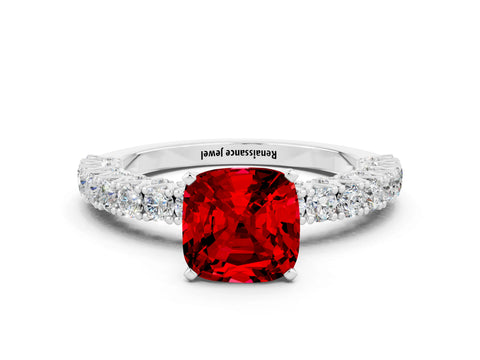 White gold Cushion Cut Diamond Pavé Band Solitaire Ring with Prong Setting