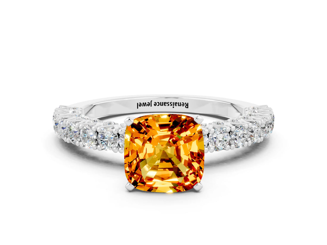White gold Cushion Cut Diamond Pavé Band Solitaire Ring with Prong Setting