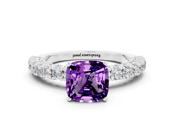 Silver Cushion Cut Amethyst Solitaire Ring with Round Accent Pavé Band and Prong Setting