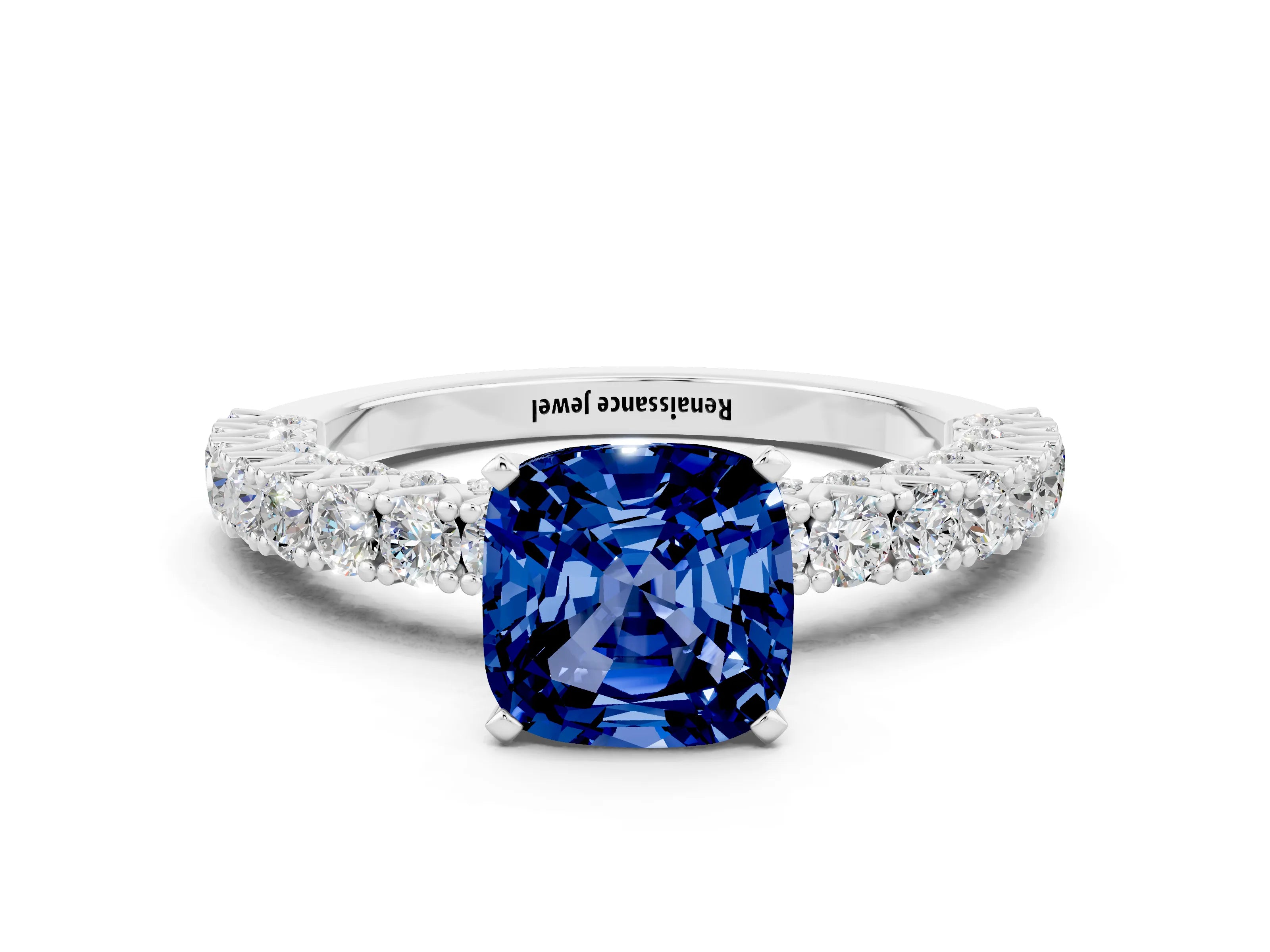 White gold Cushion Cut Diamond Pavé Band Solitaire Ring with Prong Setting