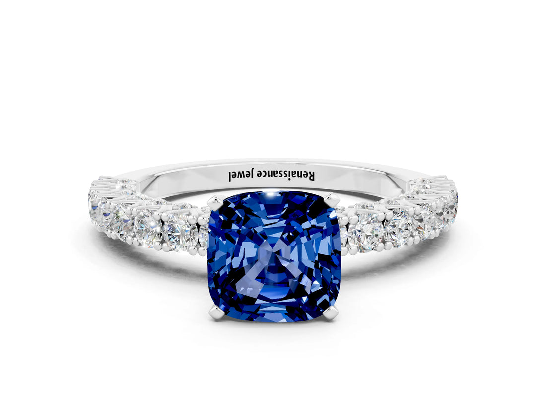 White gold Cushion Cut Diamond Pavé Band Solitaire Ring with Prong Setting