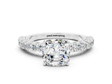 White gold Cushion Cut Diamond Pavé Band Solitaire Ring with Prong Setting