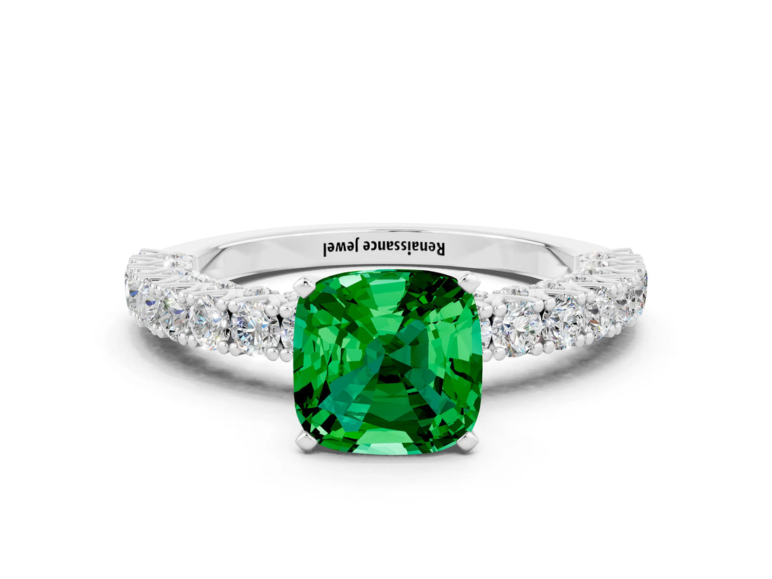 White gold Cushion Cut Diamond Pavé Band Solitaire Ring with Prong Setting