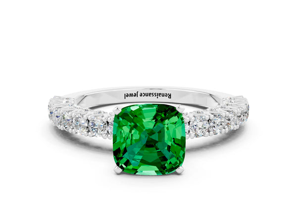 Platinum Cushion Cut Diamond Pavé Band Solitaire Ring with Prong Setting