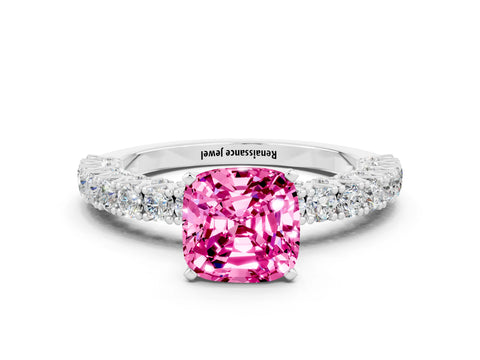 White gold Cushion Cut Diamond Pavé Band Solitaire Ring with Prong Setting
