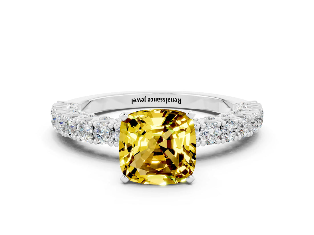 White gold Cushion Cut Diamond Pavé Band Solitaire Ring with Prong Setting