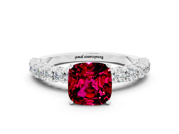 Platinum Cushion Cut Diamond Pavé Band Solitaire Ring with Prong Setting