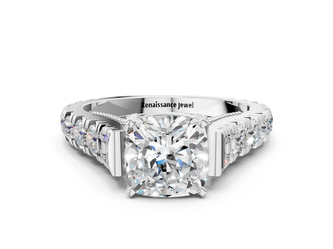 White gold Cushion Cut Diamond Pavé Band Solitaire with Four-Prong Setting_16
