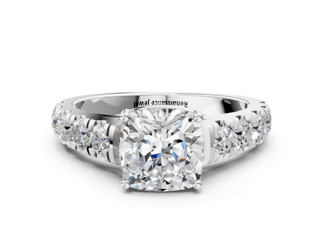 White gold Cushion Cut Diamond Pavé Band Solitaire with Four-Prong Setting_35