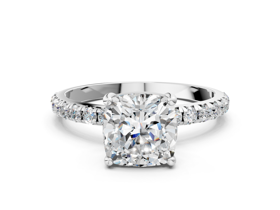 White gold Cushion Cut Diamond Pavé Band Solitaire with Four-Prong Setting_3