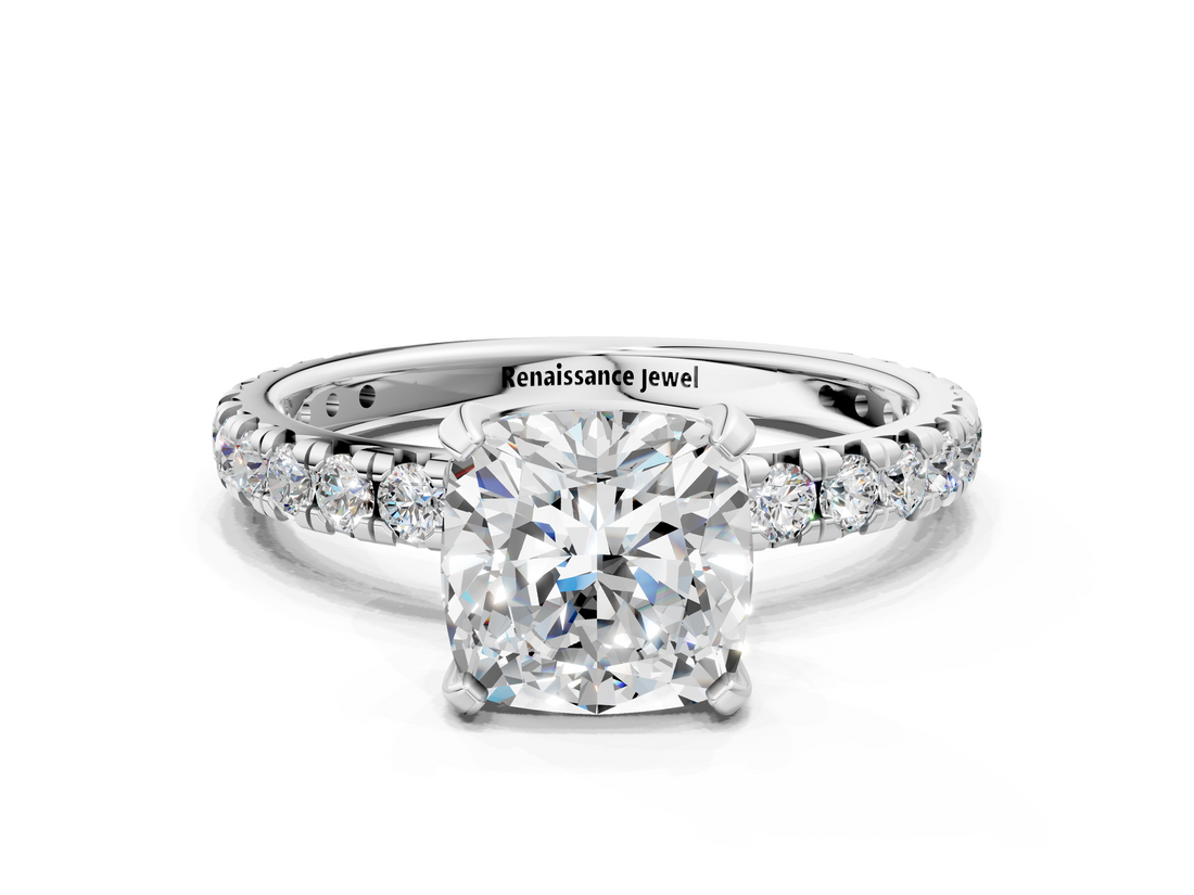 White gold Cushion Cut Diamond Pavé Band with Four-Prong Setting_90