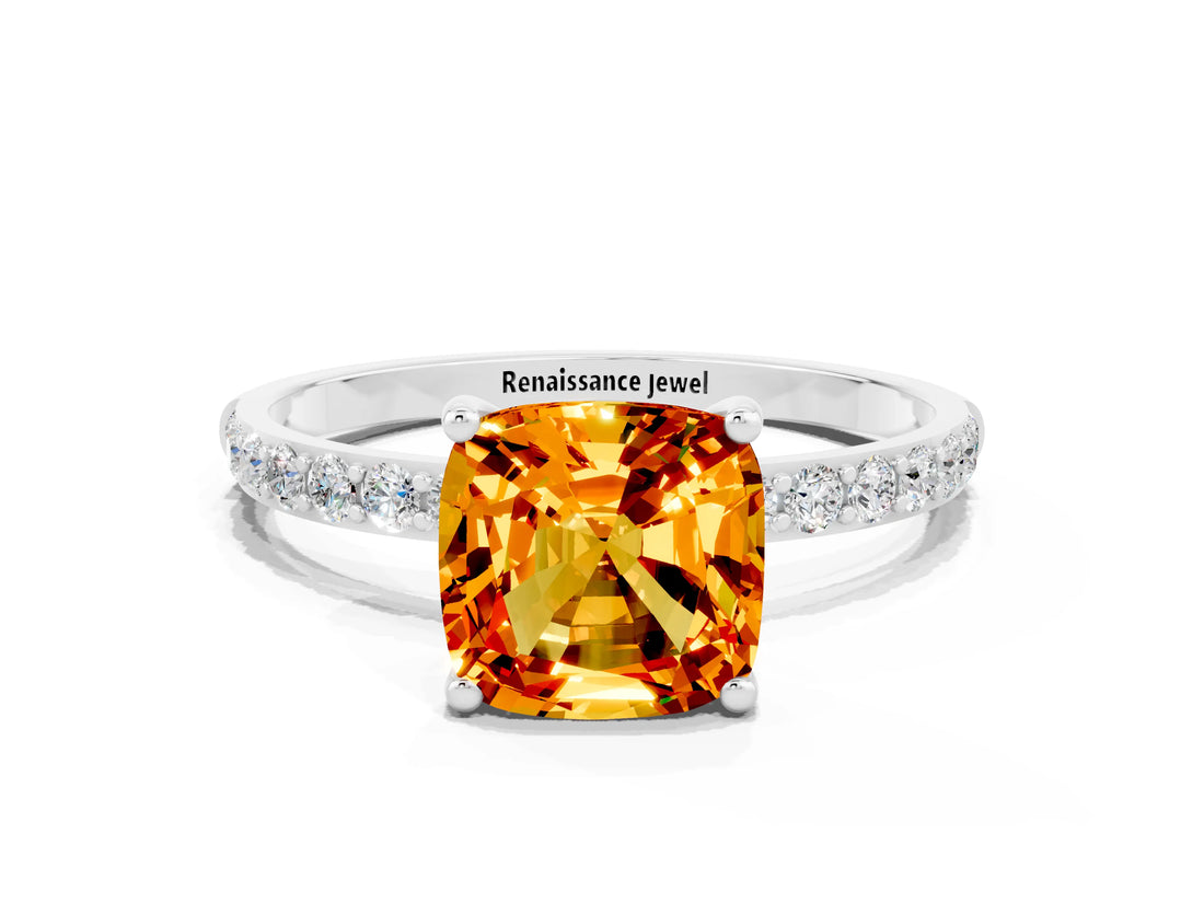 White gold Cushion Cut Diamond Pavé Band with Six-Prong Setting