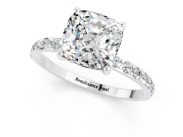 Platinum Cushion Cut Moissanite Solitaire Ring with Round Pavé Shoulders and Prong Setting