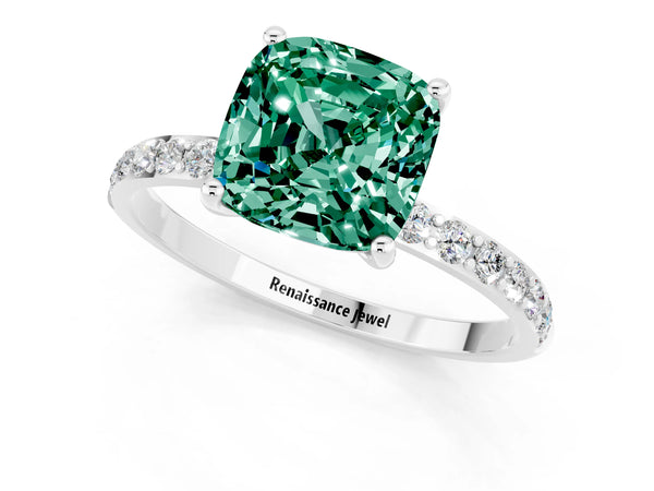 Platinum Cushion Cut Green Sapphire Solitaire Ring with Round Pavé Shoulders and Prong Setting