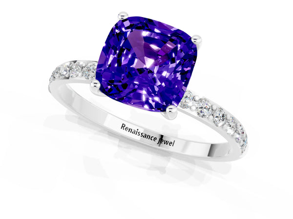 Silver Cushion Cut Tanzanite Solitaire Ring with Round Pavé Shoulders and Prong Setting