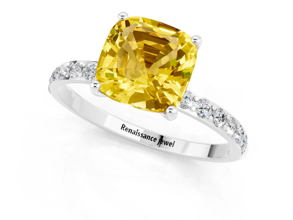 Platinum Cushion Cut Yellow Sapphire Solitaire Ring with Round Pavé Shoulders and Prong Setting
