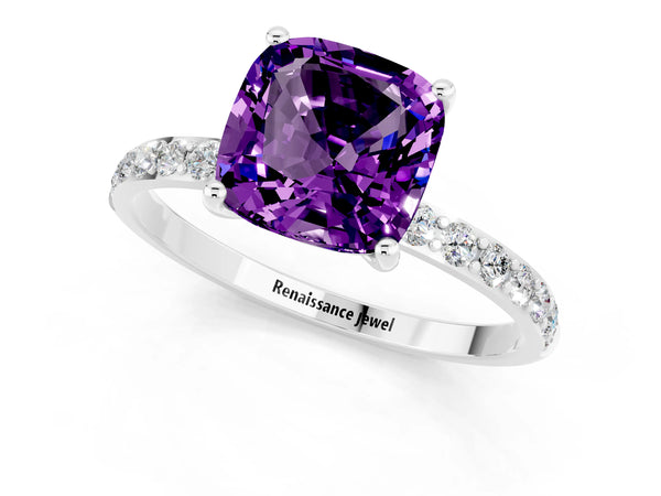 Platinum Cushion Cut Amethyst Solitaire Ring with Round Pavé Shoulders and Prong Setting
