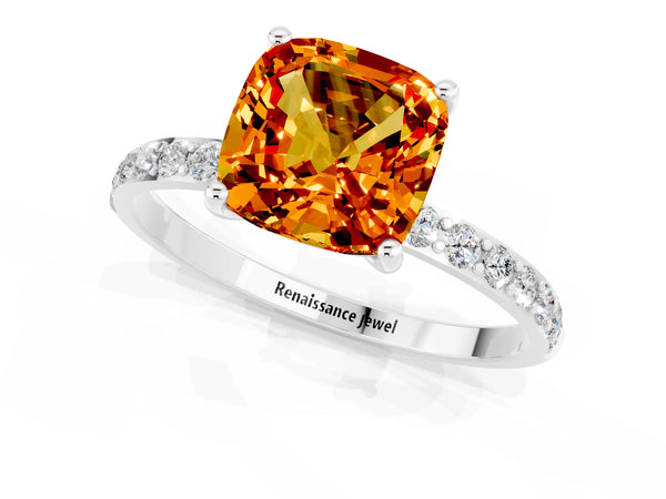 Silver Cushion Cut Citrine Solitaire Ring with Round Pavé Shoulders and Prong Setting