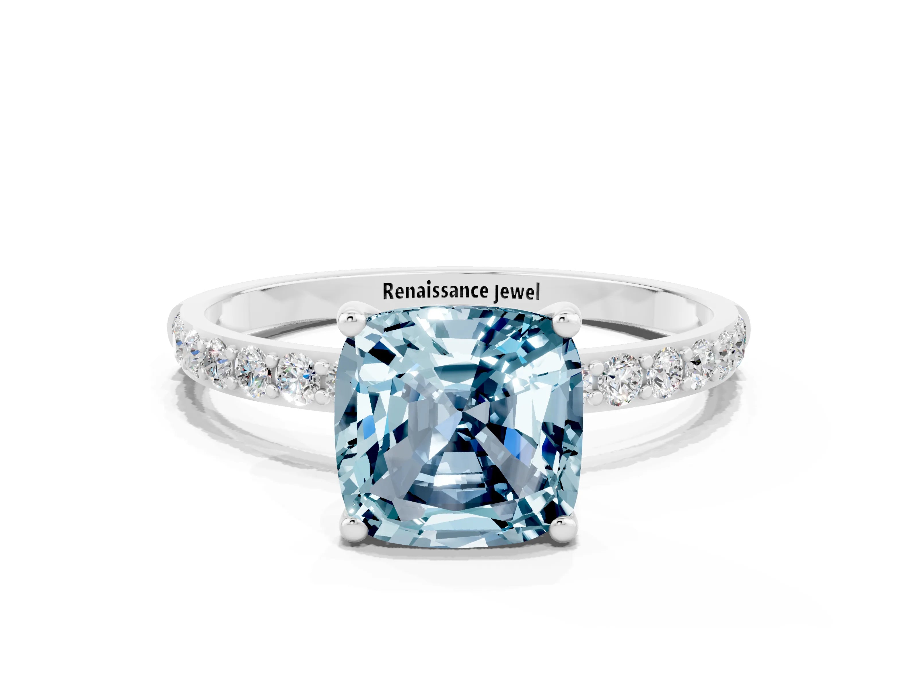 White gold Cushion Cut Diamond Pavé Band with Six-Prong Setting
