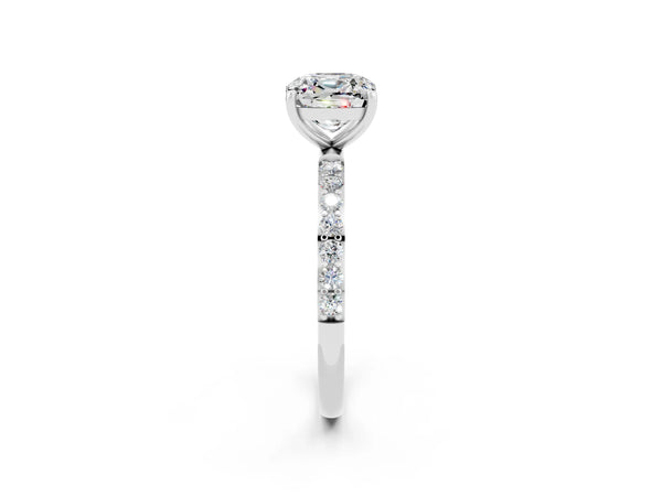 Platinum Cushion Cut Moissanite Solitaire Ring with Round Pavé Shoulders and Prong Setting