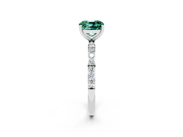 Platinum Cushion Cut Green Sapphire Solitaire Ring with Round Pavé Shoulders and Prong Setting
