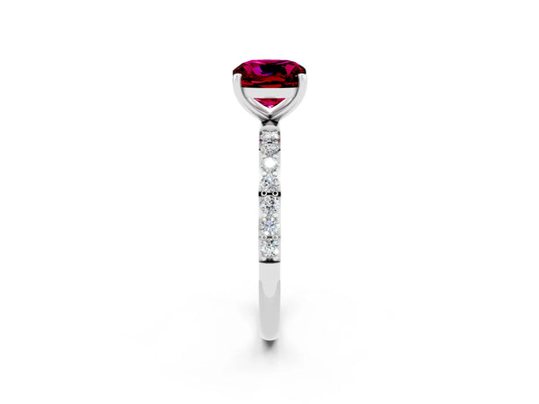 White gold Cushion Cut Garnet Solitaire Ring with Round Pavé Shoulders and Prong Setting