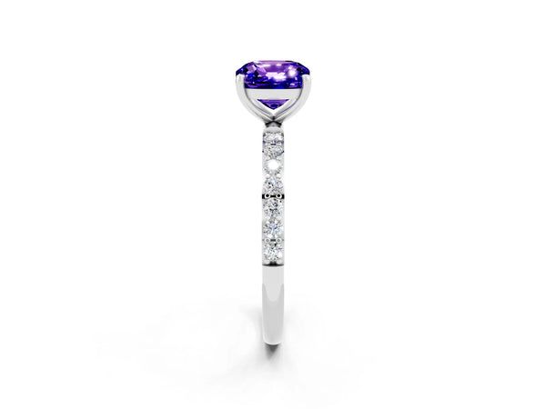 Platinum Cushion Cut Tanzanite Solitaire Ring with Round Pavé Shoulders and Prong Setting