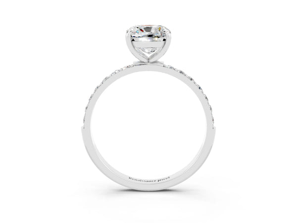 Platinum Cushion Cut Moissanite Solitaire Ring with Round Pavé Shoulders and Prong Setting