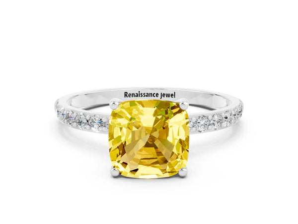 Silver Cushion Cut Yellow Sapphire Solitaire Ring with Round Pavé Shoulders and Prong Setting