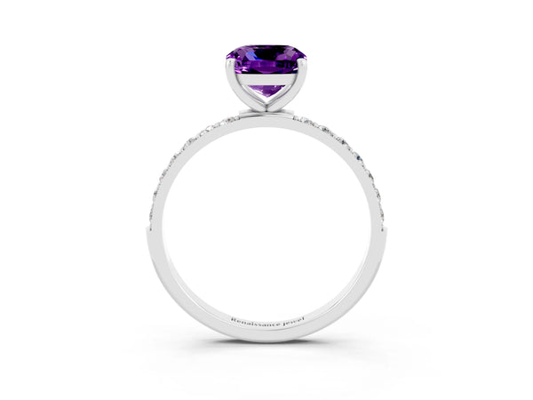 Platinum Cushion Cut Amethyst Solitaire Ring with Round Pavé Shoulders and Prong Setting