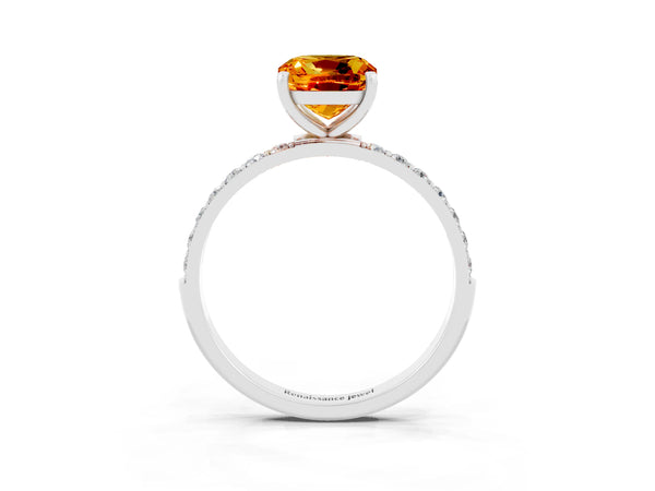 Silver Cushion Cut Citrine Solitaire Ring with Round Pavé Shoulders and Prong Setting