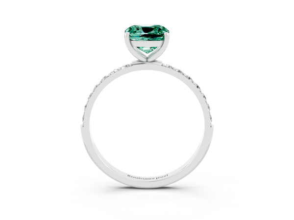 Platinum Cushion Cut Green Sapphire Solitaire Ring with Round Pavé Shoulders and Prong Setting