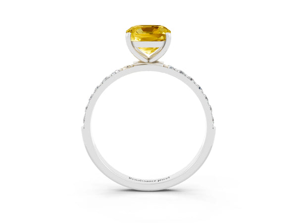 White gold Cushion Cut Yellow Sapphire Solitaire Ring with Round Pavé Shoulders and Prong Setting