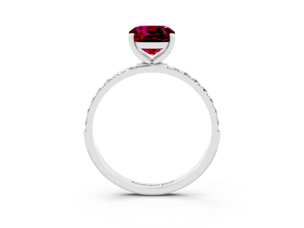 White gold Cushion Cut Garnet Solitaire Ring with Round Pavé Shoulders and Prong Setting