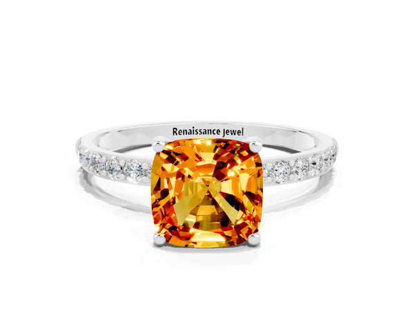 Platinum Cushion Cut Citrine Solitaire Ring with Round Pavé Shoulders and Prong Setting