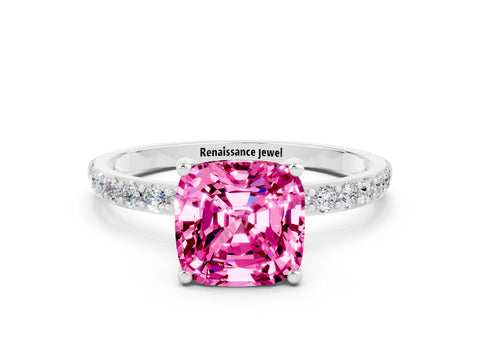 White gold Cushion Cut Diamond Pavé Band with Six-Prong Setting