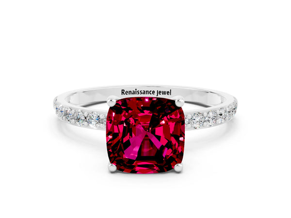 White gold Cushion Cut Garnet Solitaire Ring with Round Pavé Shoulders and Prong Setting