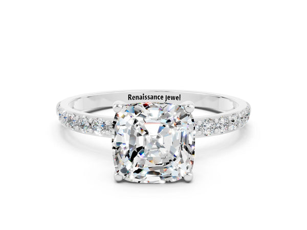 Silver Cushion Cut Moissanite Solitaire Ring with Round Pavé Shoulders and Prong Setting
