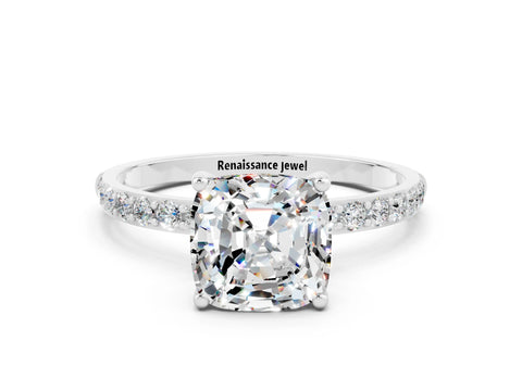 White gold Cushion Cut Diamond Pavé Band with Six-Prong Setting
