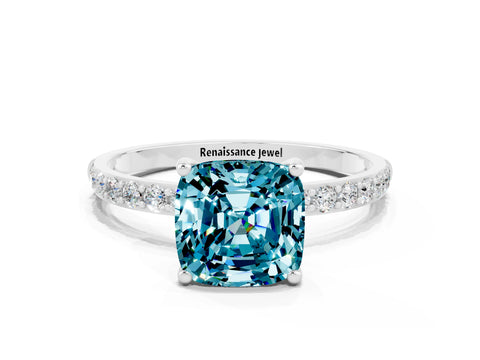 White gold Cushion Cut Diamond Pavé Band with Six-Prong Setting