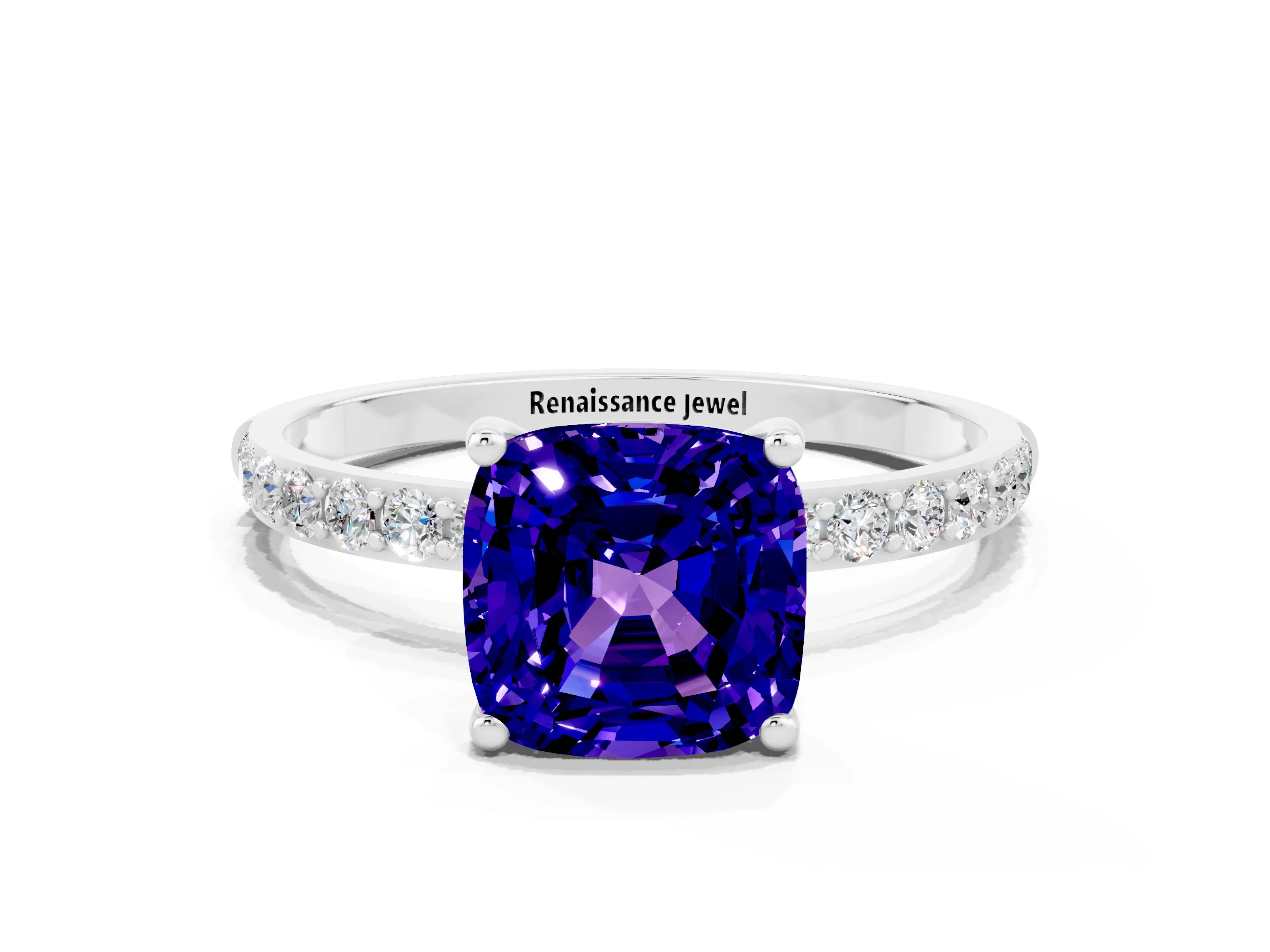 White gold Cushion Cut Diamond Pavé Band with Six-Prong Setting