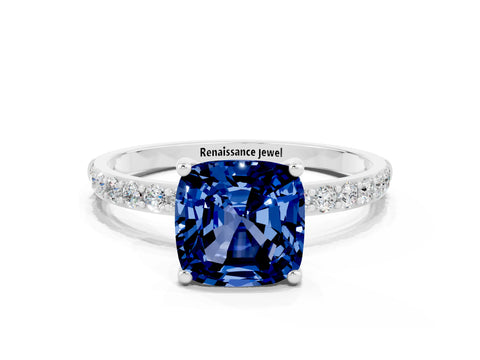 White gold Cushion Cut Diamond Pavé Band with Six-Prong Setting