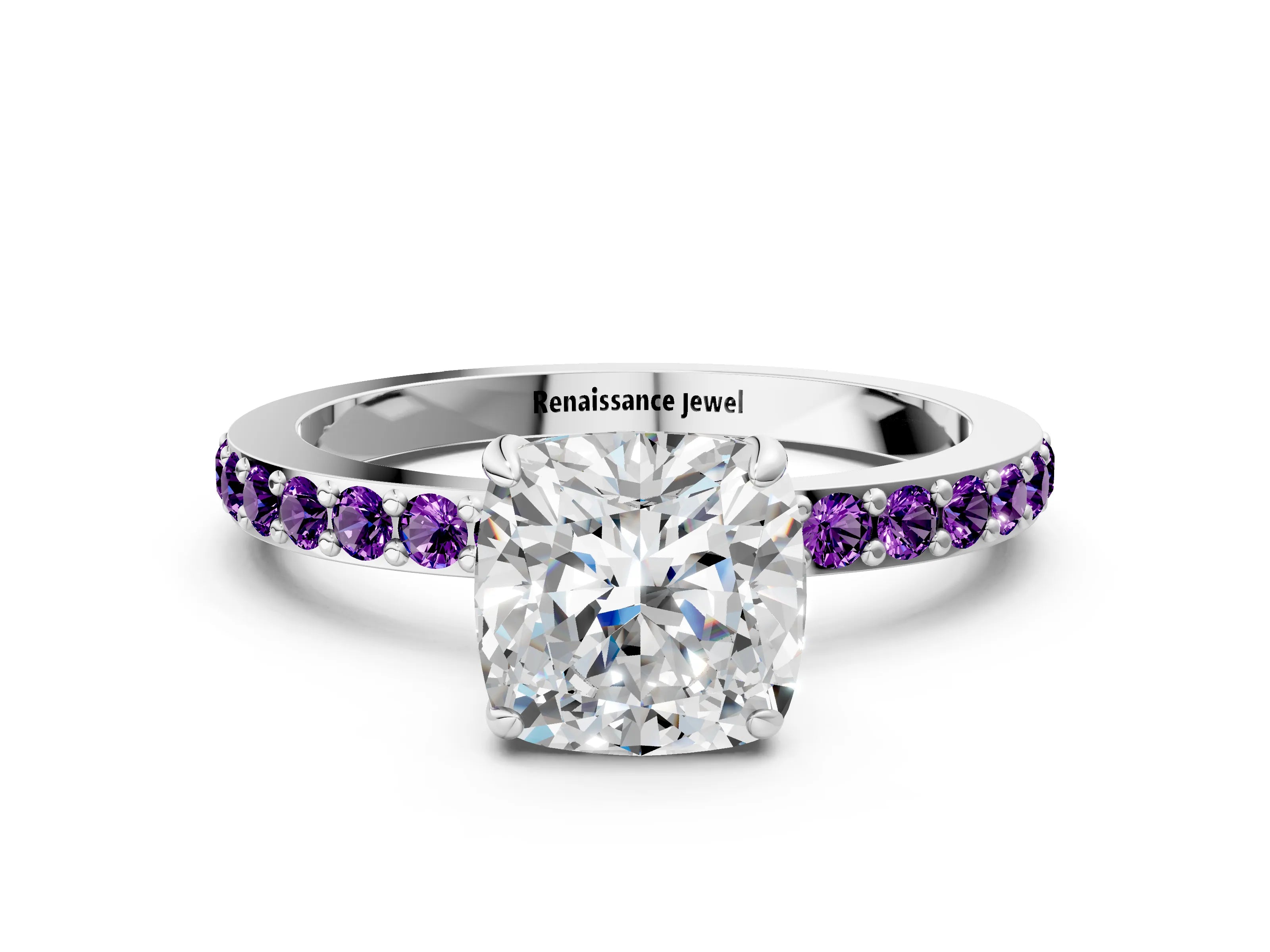 White gold Cushion Cut Diamond Pavé Engagement Ring with Round with Amethyst side stone Accents and Prong Setting