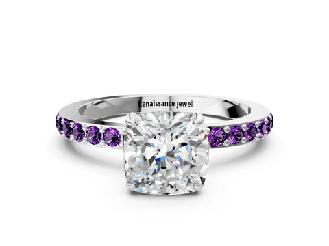 White gold Cushion Cut Diamond Pavé Engagement Ring with Round with Amethyst side stone Accents and Prong Setting_12