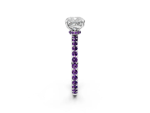 White gold Cushion Cut Diamond Pavé Engagement Ring with Round with Amethyst side stone Accents and Prong Setting_14