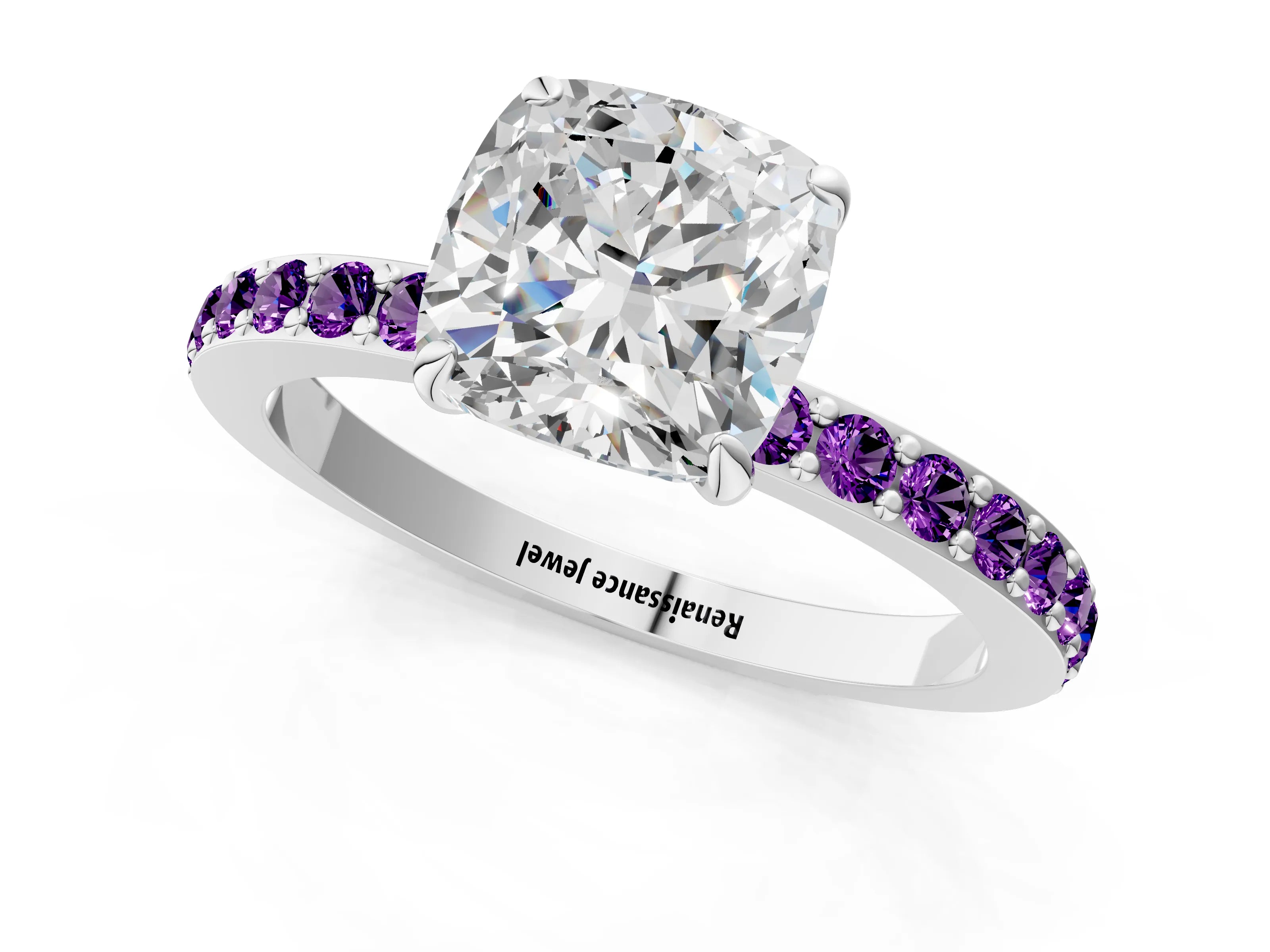 White gold Cushion Cut Diamond Pavé Engagement Ring with Round with Amethyst side stone Accents and Prong Setting_1